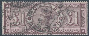 England. 1882. Victoria. 1 £. brun-lilla. Fejlfrit, stemplet mærke. SG £ 2800