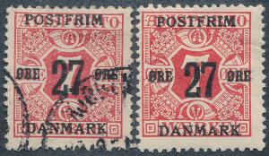 1918. 277 øre, rød. Variant UDEN PUNKT EFTER POSTFRIM. Både stemplet og ubrugt. AFA 1100