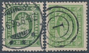 1875. 32 øre, grøn og gulgrøn. Begge med OMVENDT VANDMÆRKE. AFA 1100