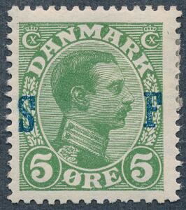 1917. Soldatermærke. Chr.X. 5 øre, grøn. Variant OMVENDT S. Ubrugt. AFA 1900