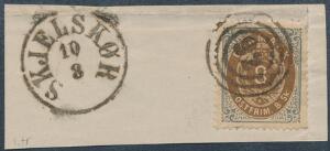 1870. 8 sk. brungrå. På fint lille brevklip med sidestempel SKJELSKØR 10.8.