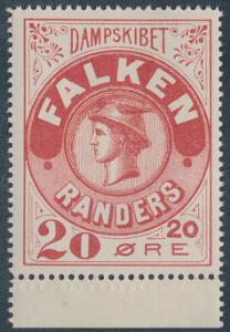 DAMPSKIBET FALKEN - RANDERS. Ca. 1880. 20 øre, rød. Sjældent mærke, postfrisk. Ikke nævnt i Hasles katalog.