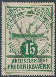 AKTIESELSKABET FREDERIKSVÆRK. 1896. 15 øre, grøn. Et meget sjældent mærke, annulleret med blyantkryds.