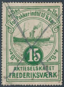 AKTIESELSKABET FREDERIKSVÆRK. 1896. 15 øre, grøn. Et meget sjældent mærke, annulleret med blyantkryds.