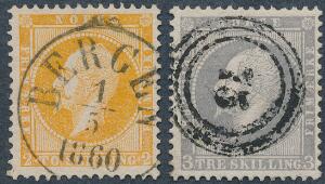 1856. Oscar, 2 sk. orange og 3 sk. gråviolet. 2 pæne mærker