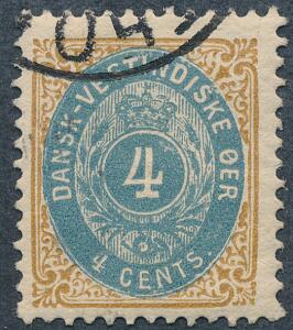 1901. 4 cents, gulbrunblå. Tk.12. Med vandmærke OS, skyldes forskudt vandmærke fra marginalen POST. Sjældent fænomen.