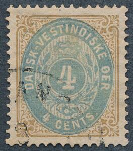 1873. 4 cents, blågulbrun. Tk.14. Pænt mærke med OMVENDT VANDMÆRKE. AFA 1800