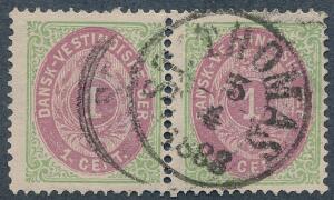 1873. 1 cent, grønrødbrun. Tk.14. Pænt parstykke med OMVENDT VANDMÆRKE. AFA 1800