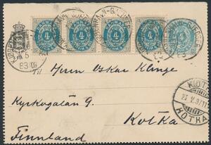 1897. 4 øres, korrespondancekort, opfrankeret med 4 øre, gråblå i 4-STRIBE, sendt til FINLAND, stemplet KJØBENHAVN-GJEDSER 10.5.83TOG