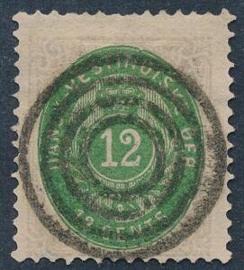 1877. 12 cents, 1.tryk grålillasmaragdgrøn. PRAGT-mærke med knivskarpt og perfekt placeret 4-ringsstempel. Minimal tyndhed