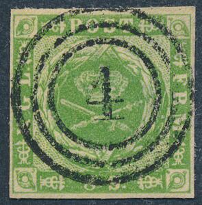 1854. 8 sk. grøn. PRAGT-mærke med helt retvendt nr.stempel 4-AALBORG.