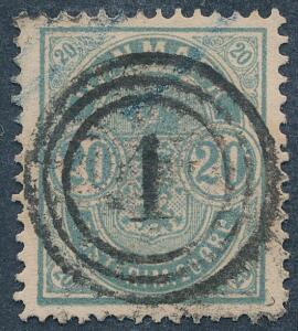 1882. 20 øre, blå. Små tal. Med helt retvendt og perfekt placeret nr.stempel 1 København.