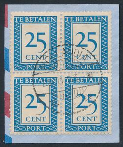 Hollandsk New Guinea. Porto. 1953. 25 c. blå. Stemplet 4-BLOK på lille klip. Sjælden. Kun 1710 mærker blev brugt af dette mærke.