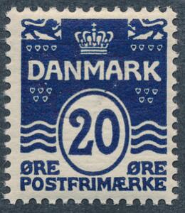 1912. Bølgel. 20 øre sortblå. Flot centreret postfriskt mærke. Udtalelse Møller BPP