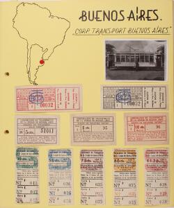 Sydamerika. SPORVOGNE. Samling sporvogne med billetter, fotos m.m. fra forskellige landebyer. Opsat på 14 plancher.