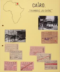 Afrika. SPORVOGNE. Samling sporvogne fra forskellige byer i Afrika. Opsat på 12 udstillingsplancher med fotos, billetter m.m.