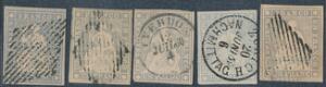 Schweiz. 1862. Siddende Helvetia. 1 Fr. grå. 5 smukke mærker, dog er det føste repareret, de øvrige 4 er alle med udtalelse Marchand BPP.