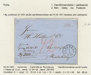 1861. Adressebrev for VÆRDIPAKKE fra Aabenraa til Carlshütte pr. Rendsburg 4.4.1861. Samlet takst 42 skilling. Smuk kvalitet