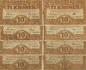 10 kr 1937 - 1942, Sieg 105, DOP 124, Pick 31, 27 stk. med forskellige seriebogstaver og underskrifter