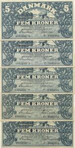 5 kr 1937 E, 1939 F, 1940 F, 1942 H, 1943 J, Sieg 102, DOP 123, Pick 30, 5 stk. med forskellige underskrifter