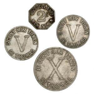 Dansk Vestindien, Privatmønter, Russel, Bros, 2 cents 1890, 5 cents 1888, 1890, 10 cents 1888, Sieg 43, 46 - 48, i alt 4 stk.