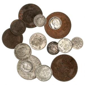 Sverige, lille lot sølv- og kobbermønter, bl.a. Oscar, riksdaler 1857, SM 60, Oscar II, 10 øre 1881, SM 114 kval. 01, i alt 16 stk.