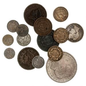 USA, cent 1818, 1819, 1847, 1857, 1858, 1862, 2 cents 1865, 3 cents 1852, 1861, 1867, 12 dime 1839, 1861, 1872, 25 cents 1898, dollar 1921 Morgan, 15 stk.