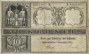 10 kr 1911 E, nr. 6981957, V. Lange  Recke, Sieg 95, Pick 7
