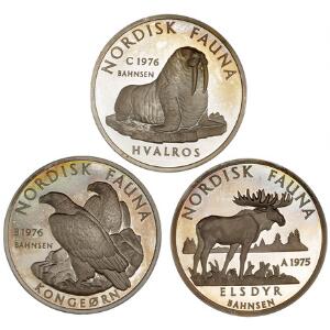 Nordisk Fauna, Kongeørn, Hvalros, Elsdyr, alle i sølv 3 x 48,0 g 9251000 og bronze, Bahnsen, i alt 6 stk. - meget smukke eksemplarer