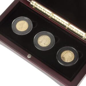 Æske med guldmønter, Holland, 10 Euro 2006, Frankrig, 10 Euro 2006, Belgien, 50 Euro 2006, i alt 3 stk., Au, 21,4 g 9001000