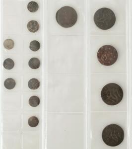 Samling skillingsmønter 1700-tallet i alt 15 stk. inkl. 1 skilling 1771 5 stk.