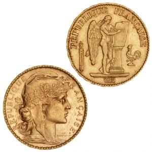 Frankrig, 20 francs 1878, KM 825, F 592, 20 francs 1905, KM 847, F 596, i alt 2 stk. Au