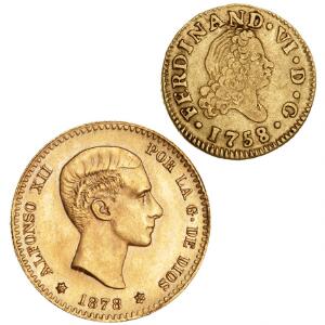 Spanien, Fernando VI, 1746-1759, 12 Escudo 1758, F 274, kv. 1-1 Alfonso XII, 1874-1885, 10 Pesetas 1878R 1962, F 343R