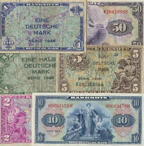 Tyskland, Bank Deutcher Länder, 50, 10, 5, 2, 1, 12 Mark 1948, Rosenberg 242, 238, 236, 234, 232, 230. 6