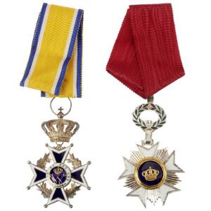 Nederlandene, Oranje - Nassau - ordenen, ridderkors, delvis forgyldt sølv m. emalje, med bånd. Belgien, Krone - ordenen, ridderkors. 2