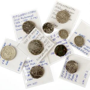 Afghanistan, lille samling af ældre 12 og 1 Rupee mønter fra bl.a. Kabul, i alt 10 stk. i varierende kvalitet med hovedparten beskrevet efter KM