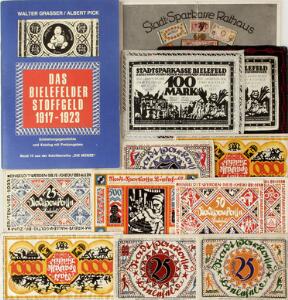 Tyskland, Bielefelder stoffgeld, samling på 11 stk, heraf 10 forskellige, alle silke. inklusiv Pick-katalog