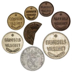 Fængselsvæsenets mønter, 1, 2, 10, 25, 100 og 200 øre, Stauning Krone 1933 samt 5 øre 1941 med indslået hammer