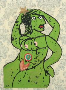 Enrico Baj Frugtbarhedsfigur. Sign. Baj, E.A. Mixed media på stof. 56 x 42.