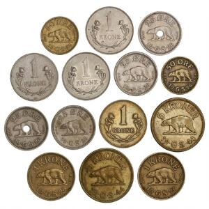 Grønland, 25 øre 1926 u. hul 2, m. hul 2, 50 øre 1926 2, 1 kr 1926 2, 5 kr 1926 2 samt 1 kr 1957, 1960, 1964 2, Sieg 1-7, i alt 14 stk.