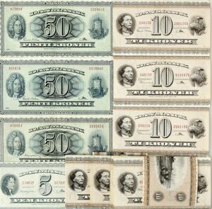 50 kr 1956 0J, 19582 10 kr 1958-6933 5 kr 1960. I alt 37 stk, i kvaliteter omkring 01 og 1
