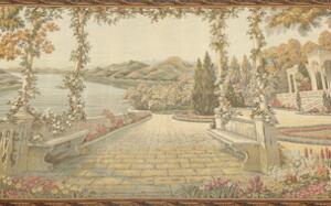 Vægtæppe i Gobelin stil, dekoreret med udsigt til flod og bjerge fra terrasse. Ca. 1960. 162 x 348.
