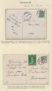 ØSTERMARIE. Stjernestempel på 2 postkort monteret på udstillingsplanche. Det enen med sidestempel RØNNE 1.12.1915 første dag stjernestemplet var i anvendelse 