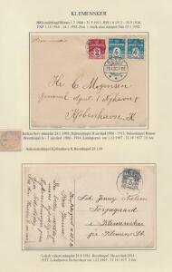 KLEMMENSKER. Udstillingsplanche med brev og postkort med stjernestempel og brotypestempel. Flot kvalitet