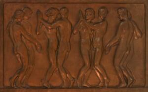 Herman Andersen Unge par i dans. Sign. Herman Andersen, stemplet L. Rasmussen, København. Relief af bronze. L. 113, H. 68,5 B. 3,5.
