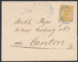 Kina. 1894. 3 Ca. gul. Single frankering på brev, stemplet CUSTOMS SHANGHAI DEC 17 1896, sendt til Canton. Kuverten med rift i venstre side, der ikke berører mæ