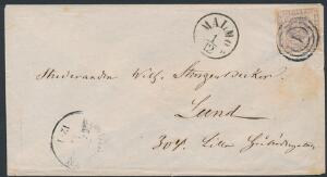 1854. 16 sk. gråviolet. Bredrandet mærke single på brev til Lund, SVERIGE, annulleret med nr.stempel 1. Transitstempel MALMÖ 1.12. Attest Møller.