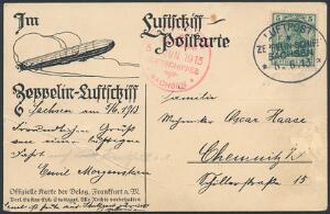 Tysk Rige. 1913. ZEPPELIN-kort stemplet LUFTPOST ZEPPELIN-SCHIFF SACHSEN 5.6.1913. Kortet med skrå fold i nedre venstre side.