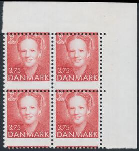 1992. Dr. Margrethe 3,75 kr, rød. Fejlperforeret 4-blok med hjørnemarginal. Attestkopi Nielsen