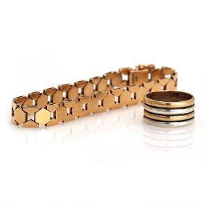 Armbånd af 14 kt. guld. L. ca. 19 cm. samt ring af 14 kt. guld- og hvidguld. Str. 54. Vægt i alt 24 g. 2